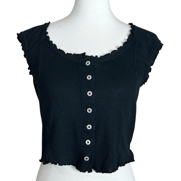 Free People Louie Louie Tee, Cropped Button up, Lettuce Hem, Black, Size S - Picture 2 of 7